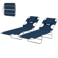 Outsunny 2 Tanning Chairs with Face Hole, 5-Level Adjustable Outdoor Chaise Lounge Chair with Pillow for Beach, Pool, Dark Blue