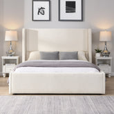 Elegant White Fabric Upholstered Bed with Tall Headboard, White, Queen