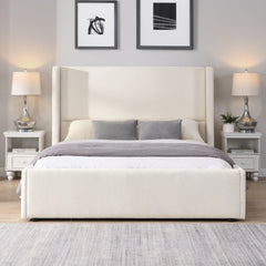 Elegant White Fabric Upholstered Bed with Tall Headboard, White, Queen