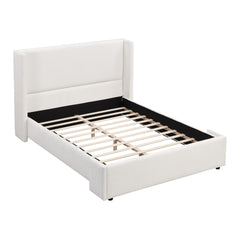 Elegant White Fabric Upholstered Bed with Tall Headboard, White, Queen
