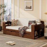 Queen Size Daybed with Removable Desk, Storage Drawers & Hydraulic Side Table, Espresso