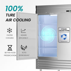 54"W 2 Door Commercial Freezer 49 Cu.Ft Dynamic Cooling OmniSmart Temperature Control -10℉~10℉ Self Closing Stainless Steel Reach-In Commercial Freezer Digital Thermostat LED Light 6 Shelves