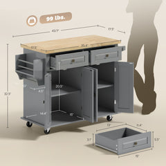 HOMCOM 44" Mobile Kitchen Island Table, Kitchen Island Cart on Wheels with Storage Cabinets, 2 Drawers, Gray