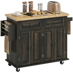 HOMCOM 44" Mobile Kitchen Island Table, Kitchen Island Cart on Wheels with Storage Cabinets, 2 Drawers, Brown
