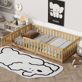 Twin Size Floor Bed with Fence and Door,Rubber Wood Floor Bed with Safety Guardrails,Natural (Old Sku W504P286374)