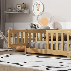 Twin Size Floor Bed with Fence and Door,Rubber Wood Floor Bed with Safety Guardrails,Natural (Old Sku W504P286374)