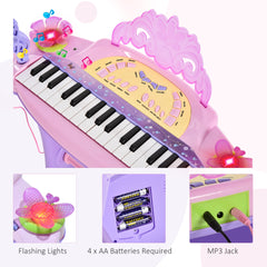 Qaba 32-Key Princess Electronic Toy Piano for Kids, Educational Keyboard Piano with Stool, MP3, Record, Flashing Lights, Microphone for 3-6 Years, Pink