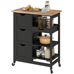 HOMCOM Rolling Kitchen Cart, Kitchen Island with Wood Top, Shelves & Drawers for Dining Area, Black