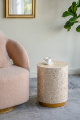 14x14x18" Cylindrical Accent Stool with Gold and Black Capiz Shell Finish and Pedestal Base