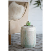 14x14x18" Cream and Green Cylinder Accent Stool with Striped Pattern