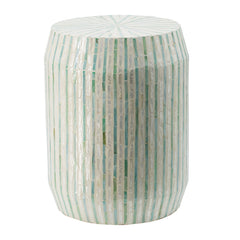 14x14x18" Cream and Green Cylinder Accent Stool with Striped Pattern