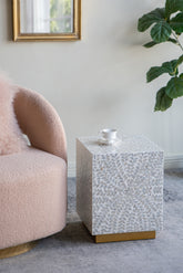 14x14x18" Square Accent Stool with White Capiz Shell Finish and Gold Pedestal Base