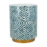 14x14x18" Round Accent Stool with Blue and White Capiz Design and Gold Pedestal Base