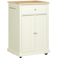 HOMCOM Rolling Kitchen Island Cart, Portable Serving Trolley Table with Drawer, Adjustable Shelf and 2 Towel Racks, Cream White