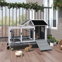 PawHut Wooden Rabbit Hutch with Wheels, Run, Slide-out Tray for Small Animals, Guinea Pig, Blue