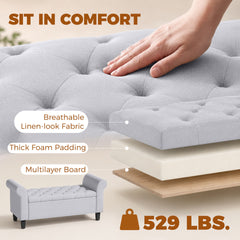 HOMCOM 47" Storage Ottoman Bench, Tufted End of Bed Bench with Rolled Arms, Safety Hinge, Wood Legs for Bedroom, Light Gray