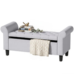HOMCOM 47" Storage Ottoman Bench, Tufted End of Bed Bench with Rolled Arms, Safety Hinge, Wood Legs for Bedroom, Light Gray