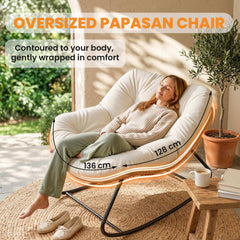 Outsunny Indoor Outdoor Papasan Rocking Chair, Oversized Rocking Egg Chair with Cushion for Garden, Patio, Beige