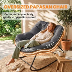 Outsunny Indoor Outdoor Papasan Rocking Chair, Oversized Rocking Egg Chair with Cushion for Garden, Patio, Dark Gray