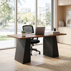 HOMCOM 63 Inch Computer Desk with Trapezoidal Frame Light Walnut and Black