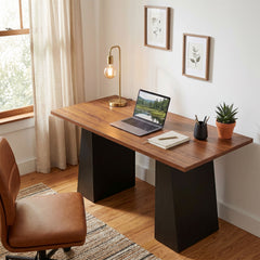 HOMCOM 63 Inch Computer Desk with Trapezoidal Frame Light Walnut and Black