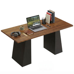 HOMCOM 63 Inch Computer Desk with Trapezoidal Frame Light Walnut and Black