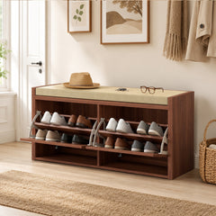 HOMCOM Shoe Storage Bench with Padded Seat, Shoe Storage Bench 2 Rattan Doors for Entryway, Brown
