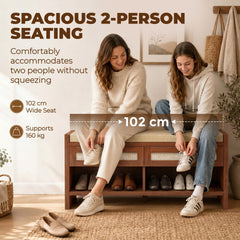HOMCOM Shoe Bench with Cushioned Seat Shoe Storage Bench with 2 Rattan Drawers and Open Shelf Brown