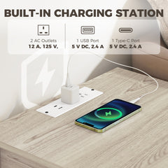 HOMCOM End Table Set of 2 with Charging Station, Bed Side Tables Set with Drawer, Storage Shelf for Living Room, Natural Wood