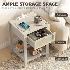 HOMCOM End Table Set of 2 with Charging Station, Bed Side Tables Set with Drawer, Storage Shelf for Living Room, Natural Wood