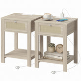 HOMCOM End Table Set of 2 with Charging Station, Bed Side Tables Set with Drawer, Storage Shelf for Living Room, Natural Wood