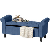 HOMCOM 47" Storage Ottoman Bench, Tufted End of Bed Bench with Rolled Arms, Safety Hinge, Wood Legs for Bedroom, Blue
