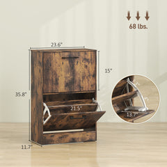 HOMCOM Shoe Cabinet 2 Flip Drawers Narrow Shoe Storage Unit Adjustable Dividers Entryway Hallway Rustic Brown