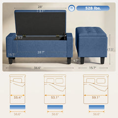 HOMCOM Storage Ottoman, Storage Bench with Wooden Legs, Tufted Armrests for Entryway, Living Room, Bedroom, 36.6", Blue
