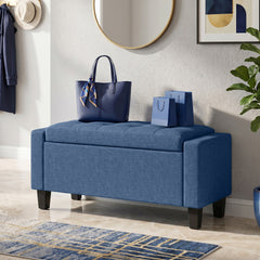 HOMCOM Storage Ottoman, Storage Bench with Wooden Legs, Tufted Armrests for Entryway, Living Room, Bedroom, 36.6", Blue