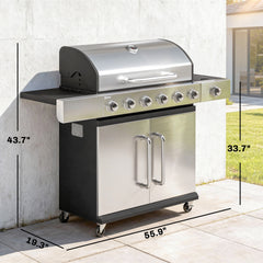 Outsunny 6 Burner Propane Gas Grill with Side Burner, Barbecue Grill with Cast Iron Grates, Wheels, Side Tables, Cabinet