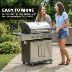 Outsunny 6 Burner Propane Gas Grill with Side Burner, Barbecue Grill with Cast Iron Grates, Wheels, Side Tables, Cabinet