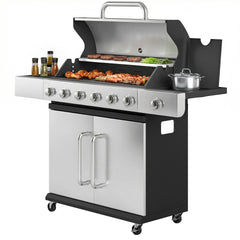 Outsunny 6 Burner Propane Gas Grill with Side Burner, Barbecue Grill with Cast Iron Grates, Wheels, Side Tables, Cabinet