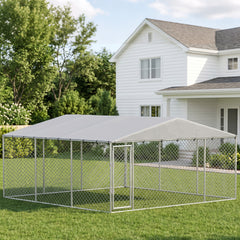 PawHut 13' x 13' x 6.5' Dog Kennel Outdoor for Small Medium Dogs with Waterproof Roof, Silver
