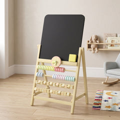 Qaba Wooden Kids Art Easel with Double-Sided Chalkboard, Clock, Abacus, Blackboard Eraser for Painting, for Ages 2+, Natural