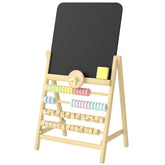 Qaba Wooden Kids Art Easel with Double-Sided Chalkboard, Clock, Abacus, Blackboard Eraser for Painting, for Ages 2+, Natural