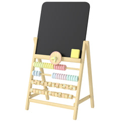 Qaba Wooden Kids Art Easel with Double-Sided Chalkboard, Clock, Abacus, Blackboard Eraser for Painting, for Ages 2+, Natural