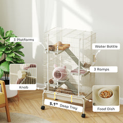 PawHut 47" Small Animal Cage, 4 Levels Large Rolling Metal Ferret Cage w/ 5.9" Deep Tray, Ramps, Water Bottle, Food Dish, Beige