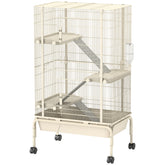 PawHut 47" Small Animal Cage, 4 Levels Large Rolling Metal Ferret Cage w/ 5.9" Deep Tray, Ramps, Water Bottle, Food Dish, Beige