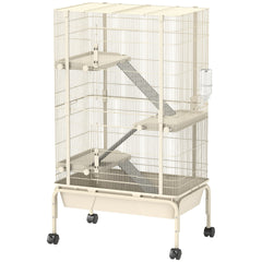 PawHut 47" Small Animal Cage, 4 Levels Large Rolling Metal Ferret Cage w/ 5.9" Deep Tray, Ramps, Water Bottle, Food Dish, Beige