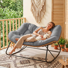 Outsunny Indoor Outdoor Double Papasan Rocking Chair, Oversized Rocking Egg Chair with Cushion for Garden, Patio, Gray