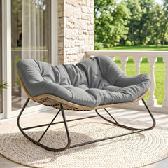 Outsunny Indoor Outdoor Double Papasan Rocking Chair, Oversized Rocking Egg Chair with Cushion for Garden, Patio, Gray
