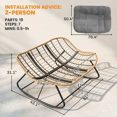 Outsunny Indoor Outdoor Double Papasan Rocking Chair, Oversized Rocking Egg Chair with Cushion for Garden, Patio, Gray