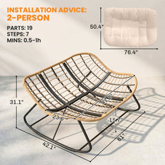 Outsunny Indoor Outdoor Double Papasan Rocking Chair, Oversized Rocking Egg Chair with Cushion for Garden, Patio, Cream White