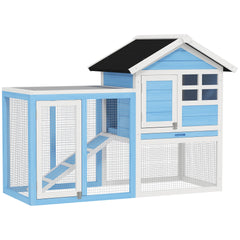 PawHut 49" Wooden Rabbit Hutch Bunny Cage with Waterproof Asphalt Roof, Fun Outdoor Run, Removable Tray and Ramp, for Rabbits, Chickens, Ducks, Light Blue